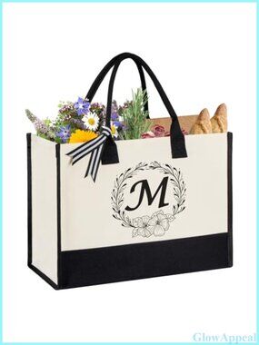 Personalized Initial Canvas Tote Bag Large Beach Bag for Women Gift